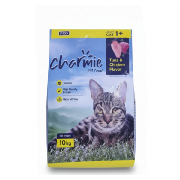 Charmie Adult Cat Food 10kg – Chicken & Tuna Flavor, High Protein, Taurine for Eye & Heart Health, Natural Fiber, Crunchy for Dental Care, 1+ Years
