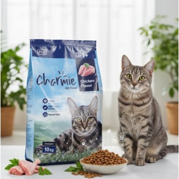 Charmie Adult Cat Food 10kg, Chicken Flavor Dry Food for Cats 1+, High Protein with Taurine, Omega-6 & Natural Fiber