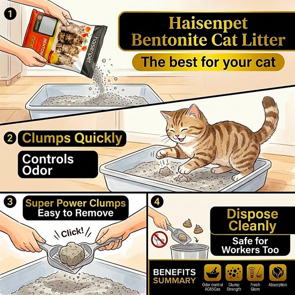 Haisenpet Lemon Scented Bentonite Cat Litter 25L (20KG) – Strong Clumping, High Absorption, Fresh Lemon Fragrance & Odor Control for Cats