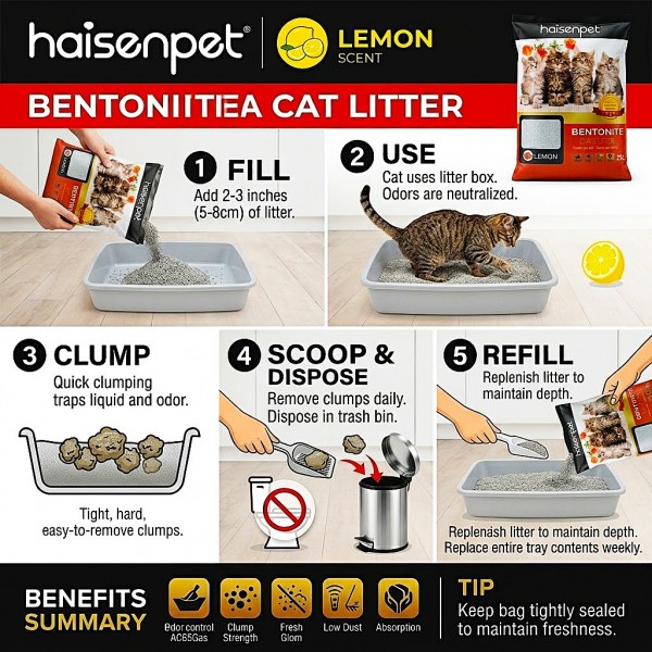 Haisenpet Lemon Scented Bentonite Cat Litter 25L (20KG) – Strong Clumping, High Absorption, Fresh Lemon Fragrance & Odor Control for Cats