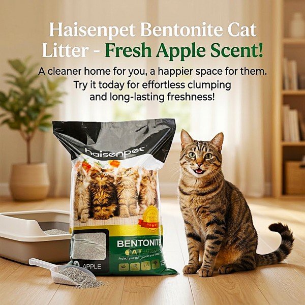 Haisenpet Apple Scented Bentonite Cat Litter 25L (20KG) – Strong Clumping, High Absorption, Fresh Apple Fragrance, Odor Control & Easy Scooping for Cats
