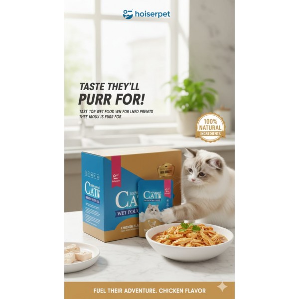 Haisenpet Premium Wet Cat Food Chicken Flavor in Gravy, 100% Natural Ingredients, with Taurine & Omega 3 & 6, 85g x 12 Pouches – Complete & Balanced Nutrition for Cats