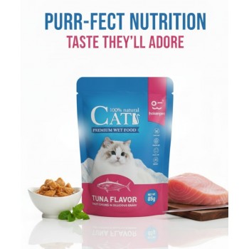 Haisenpet Premium Wet Cat Food, Tuna Flavor in Gravy, 85g Pouch, Grain-Free, 100% Natural, With Omega 3 & 6 and Taurine, For All Cats