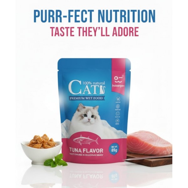 Haisenpet Premium Wet Cat Food, Tuna Flavor in Gravy, 85g Pouch, Grain-Free, 100% Natural, With Omega 3 & 6 and Taurine, For All Cats