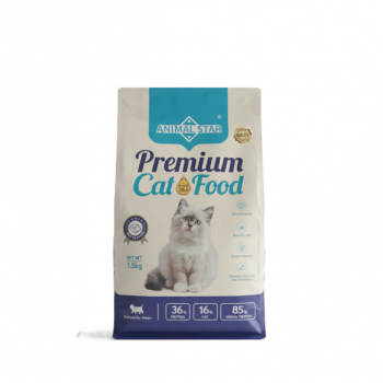 ANIMAL STAR Premium Dry Cat Food – Fish Flavor, 36% Protein, Omega 3 & 6, Hair & Skin Care, Strong Immunity, for Kittens & Adult Cats – 1.5kg