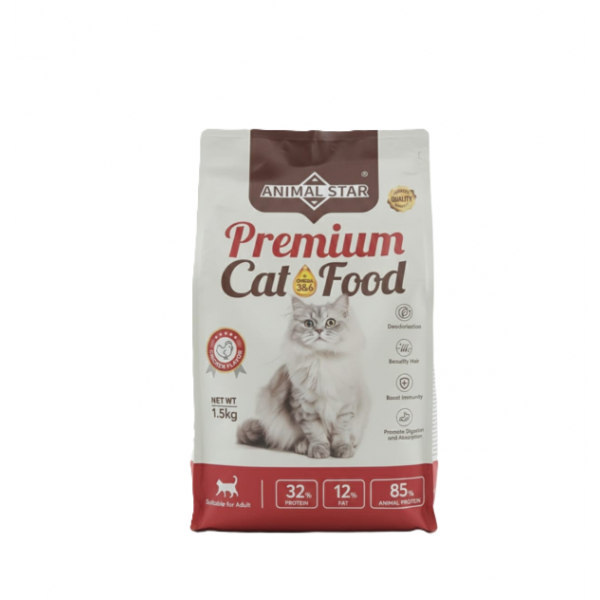 ANIMAL STAR Premium Dry Cat Food – Chicken & Fish Flavor, 1.5kg – 32% Protein, 12% Fat, 85% Animal Protein – Supports Skin, Coat, Immunity, Digestion & Oral Health – Adult Cats