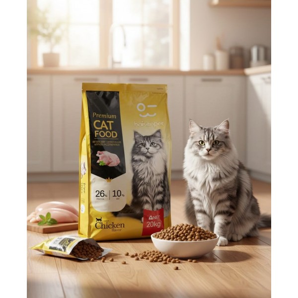 Haisenpet Premium Adult Cat Food Chicken Flavor Dry Food 20kg – High Protein 26%, Taurine & Omega 3 & 6, Complete & Balanced Nutrition for Adult Cats