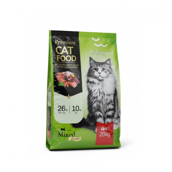 Premium Haisen Huachong Adult Cat Food 20kg – High-Protein 26% & 10% Fat, Balanced Nutrition with Fresh Chicken, Beef & Fish, Sweet Potato, Oatmeal & Natural Supplements for Healthy Skin, Coat & Digestion