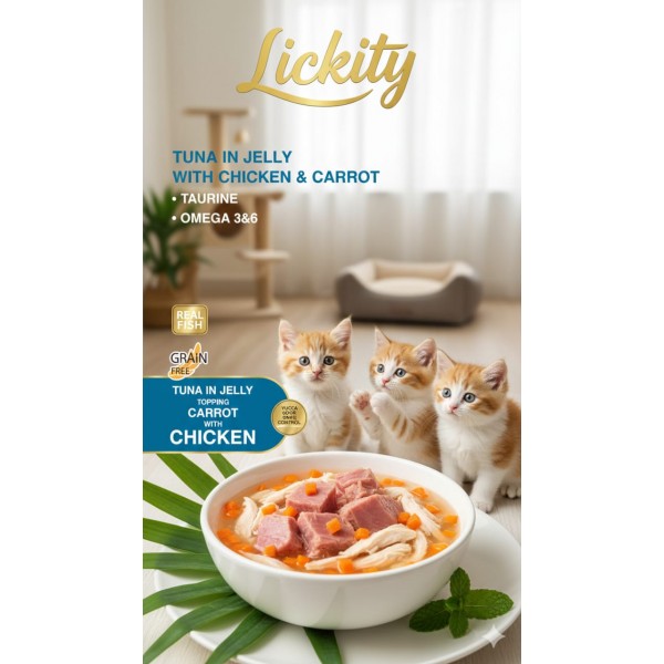 Lickity Tuna in Jelly with Chicken & Carrot Adult Cat Wet Food, Grain-Free, Indoor Formula with Yucca, Taurine & Omega 3 & 6 – 400g Can