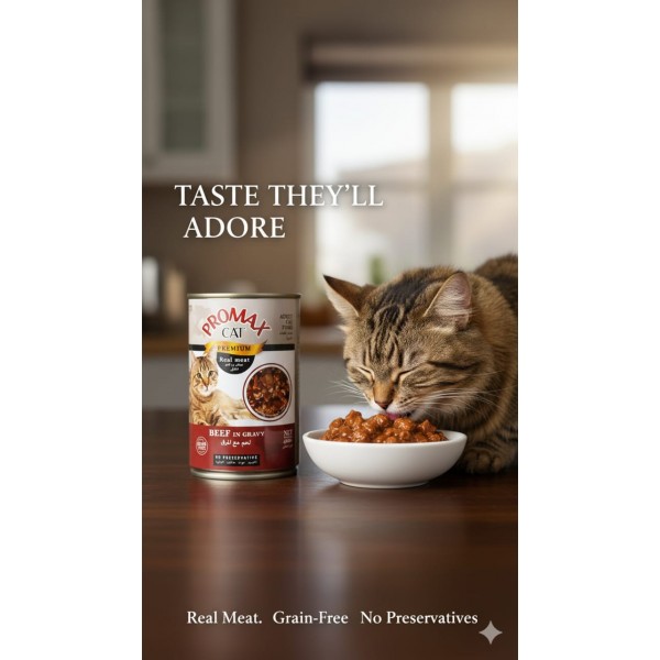 Promax Cat Premium Wet Food – Real Beef in Gravy, Grain-Free, No Preservatives, 400g – Adult Cats