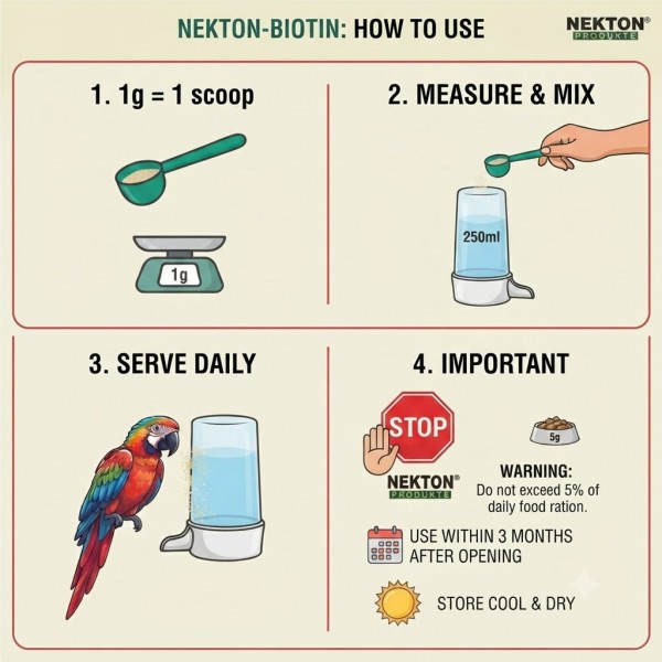 NEKTON-Biotin Bird Feather Growth Supplement Powder 150g | Water-Soluble Vitamin, Amino Acid & Trace Element Supplement for Parrots, Canaries, Finches & Ornamental Birds | Supports Healthy Feather Development During Molting