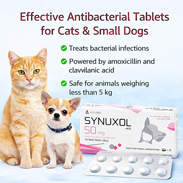 Synuxol-Nita 50mg Antibacterial Tablets for Cats & Small Dogs (10 Tablets) | Amoxicillin & Clavulanic Acid Veterinary Antibiotic | Treats Skin Infections, UTI & Respiratory Diseases | For Pets Under 5kg