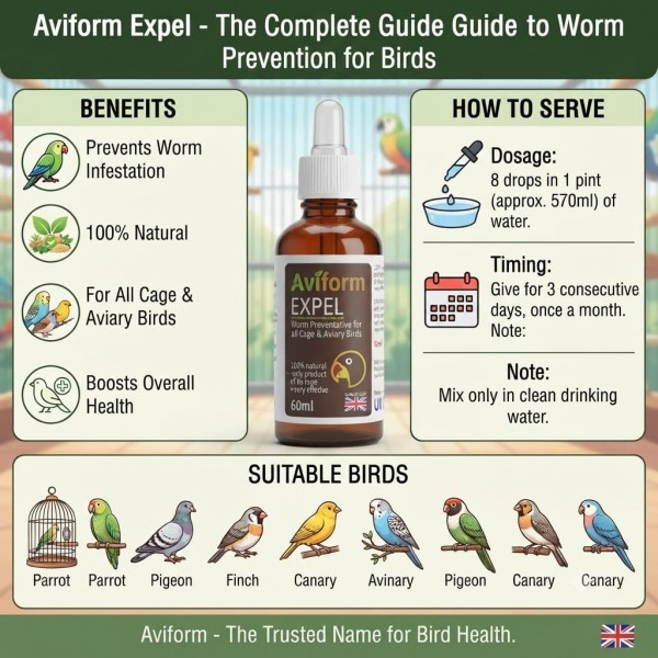 Aviform Expel 60ml – 100% Natural Worm Preventative Supplement for Cage & Aviary Birds | Herbal Wormwood Formula | Drinking Water Additive for Budgies, Parrots, Finches & Pigeons | UK Made