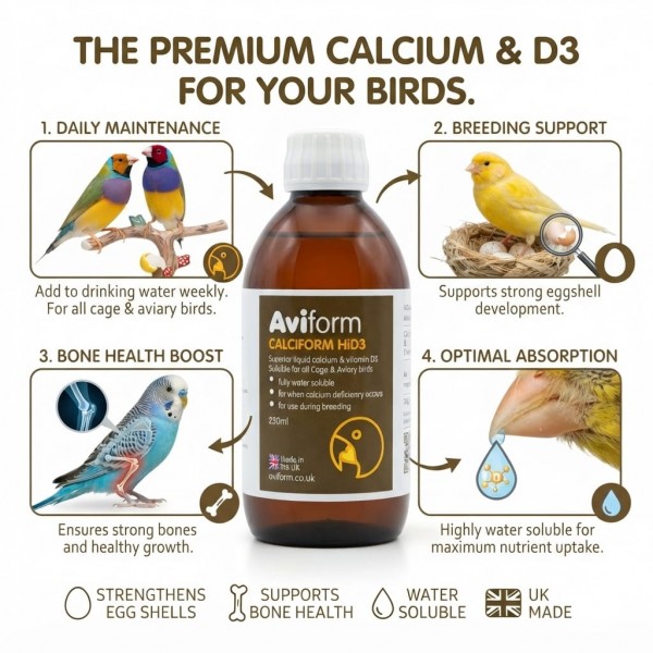 Aviform Calciform HiD3 Liquid Calcium & Vitamin D3 Supplement for Cage & Aviary Birds 250ml | Water-Soluble Calcium Support for Breeding, Egg Laying & Bone Strength | UK Made Complementary Dietetic Feed