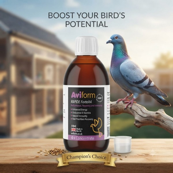 Aviform RAPIDE ForteX4 Racing Pigeon Supplement 250ml | 4X Concentrated Performance, Recovery & Immunity Formula | With Betaine, L-Carnitine & Vitamin B12 | UK Made Liquid Feed Additive for Racing Pigeons