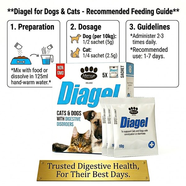 Mervue Diagel Dogs & Cats 10g Sachets (Box of 5) – Digestive Support for Diarrhea & Constipation – Electrolyte & Vitamin Gastrointestinal Gel for Gut Health, Hydration & Recovery – Safe for Puppies & Kittens
