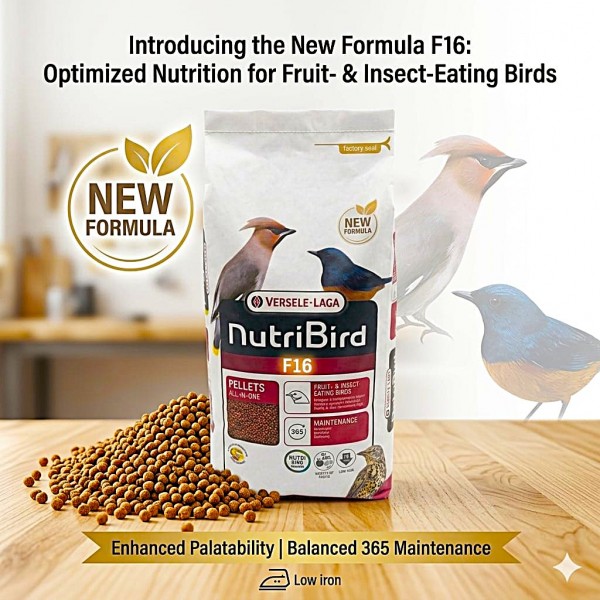 VERSELE-LAGA NutriBird F16 10 kg Maintenance Pellets All-in-One Complete Bird Food for Fruit & Insect-Eating Birds – Low Iron Formula 85 ppm – Daily Balanced Nutrition with Vitamins & Minerals – Supports Digestion, Feathers & Bones