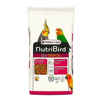 Versele-Laga NutriBird G14 Tropical Parrot Food 10 kg Complete Maintenance Pellets for Large Parakeets and Parrots Balanced Nutrition with Grains Peanuts and Fruit Supports Digestion Feather Health Strong Bones Veterinarian Recommended Diet