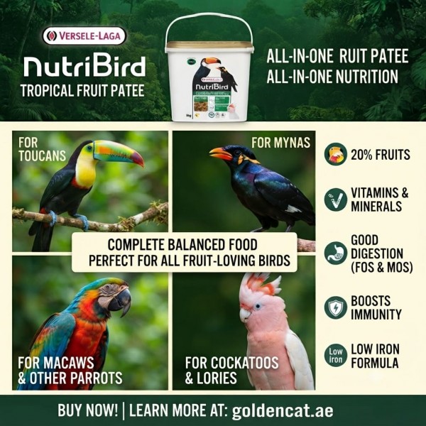 Versele-Laga NutriBird Tropical Fruit Patee 5kg Bucket | Complete Soft Food Diet for Fruit-Eating Birds | 20% Fruit Formula with Spirulina, FOS & MOS | Low Iron Maintenance Food for Toucans, Mynas & Tropical Parrots