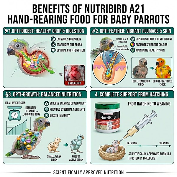 Versele-Laga NutriBird A21 Hand-Rearing Food 250g – Baby Bird Feeding Formula for Amazons, Cockatoos & Large Parakeets – 21% Protein with Vitamins, Minerals, Prebiotics & Digestive Enzymes