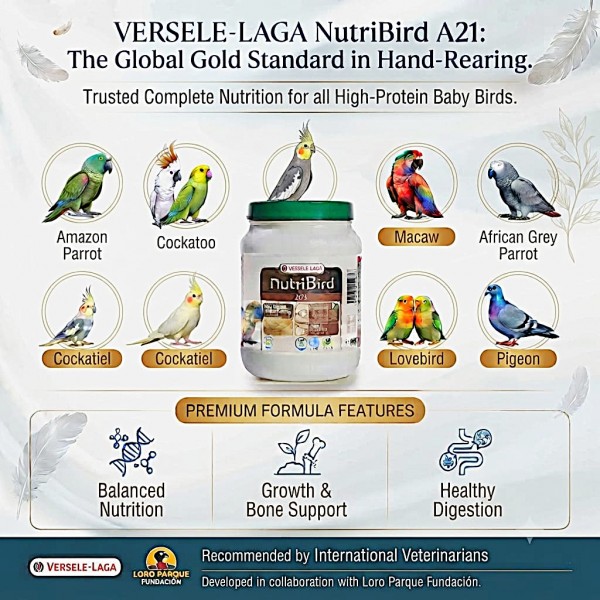 Versele-Laga NutriBird A21 Hand-Rearing Formula 800g – Baby Bird Food for Hand Feeding from Hatching to Weaning – Complete Nutrition with Vitamins, Minerals, Protein & Probiotics