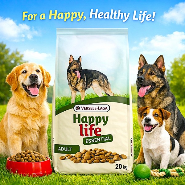 Versele-Laga Happy Life Essential Adult Dog Food 20kg – Complete Balanced Dry Dog Food for Adult Dogs of All Breeds – High Protein 25% Fat 12% – Supports Digestion, Immunity, Energy & Muscle Health – No Artificial Colours – Large Economy Pack
