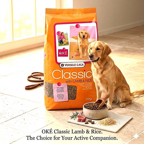 Versele-Laga OKÉ Classic Dry Dog Food with Lamb & Rice 20kg – Complete Adult Dog Food for All Breeds – High Protein 22% – Supports Digestion, Active Lifestyle, Shiny Coat & Immune System – Balanced Daily Nutrition