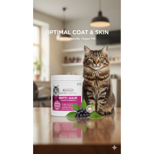 Versele-Laga Oropharma Opti Hair Cat Supplement 130g – Dietary Skin & Coat Support with Yeast, Elderberry & Algae to Control Excessive Hair Fall, Reduce Itching, and Improve Cat Skin and Coat Health