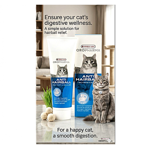 Versele-Laga Oropharma Anti Hairball Paste for Cats 100g – Digestive Health Supplement, Prevents Hairballs, Supports Intestinal Transit with Natural Malt & Cellulose, Reduces Coughing, Retching, and Vomiting – Tube Feed or Mix with Food, 1–3g Daily