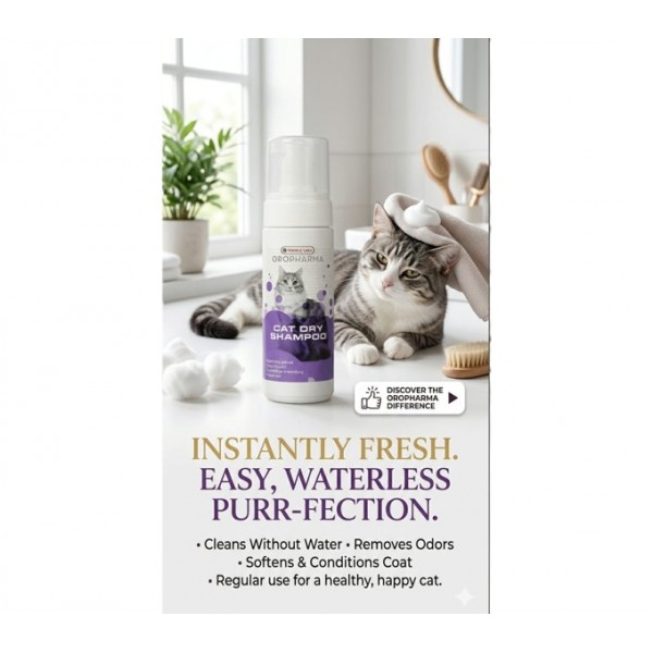 Versele-Laga Oropharma Cat Dry Shampoo 150ml – Waterless No Rinse Cat Shampoo with Aloe Vera, Gentle Cleansing Mousse for Cats, Coat Refreshing & Odor Removal, Paraben Free Pet Grooming Foam for Bath Resistant Cats