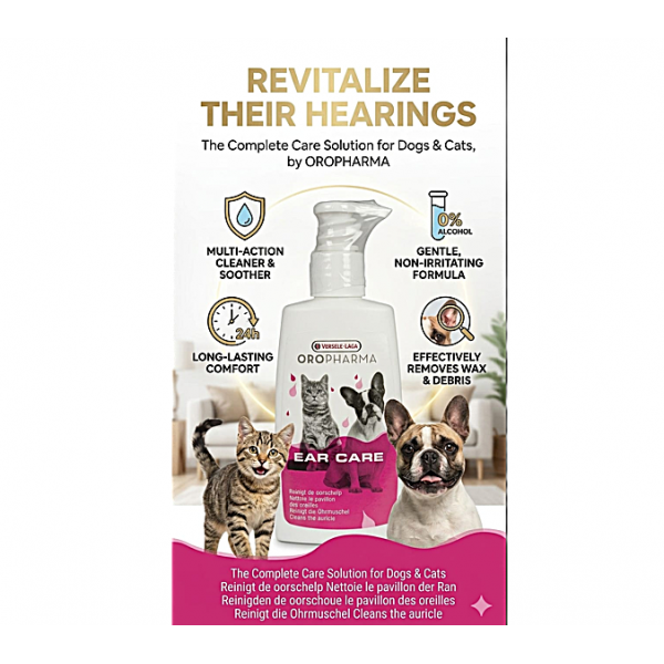 Versele-Laga Oropharma Ear Care for Dogs & Cats – Gentle Multi-Action Ear Cleaner & Soother, Alcohol-Free, Removes Wax & Debris, Natural Oils & Botanical Extracts, Long-Lasting Comfort, 150ml
