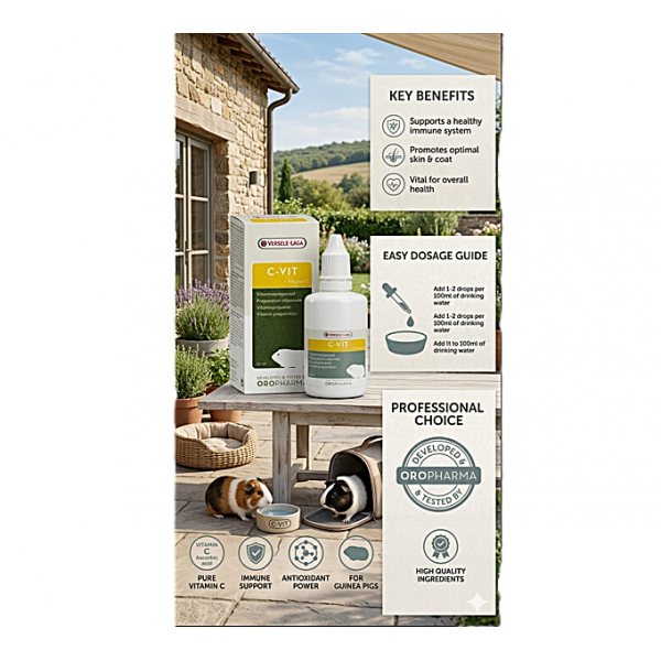 Versele-Laga Oropharma C-Vit Liquid Vitamin Supplement for Guinea Pigs – High Strength Vitamin C & L-Carnitine Drops for Immune Support, Healthy Skin & Coat, Weight Management, Recovery & Overall Vitality, 50ml