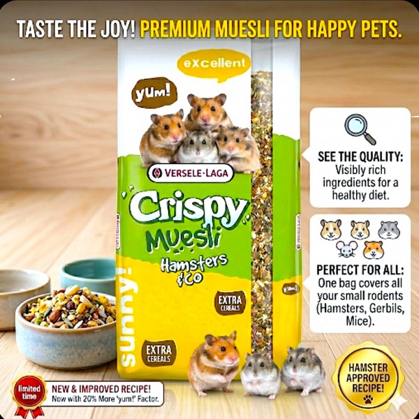 Versele-Laga Crispy Muesli Hamsters & Co - 20kg Complete Small Animal Food Hamsters Gerbils Mice Rats High Protein 15% Balanced Nutrition Cereals Vegetables Seeds Vitamins Healthy Growth Immunity Vitality M