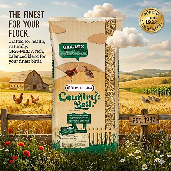 Versele-Laga Country’s Best GRA-MIX 20kg – Complementary Grain Feed for Chicks, Quail, Laying Hens, Broilers, Turkeys, Ducks, Waterfowl & Ornamental Birds – Cracked Maize, Wheat, Peas, Seeds, Dust-Free, Energy-Rich