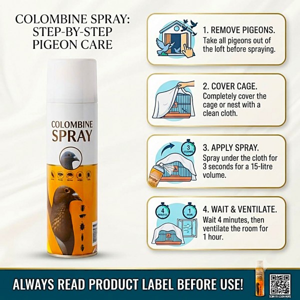 Colombine Spray Insecticide for Racing Pigeons and Pigeon Lofts, Cages & Transport Baskets – 300 ml – Helps Control Lice, Fleas, Ticks & Red Mites – Loft Hygiene Treatment Spray – External Use
