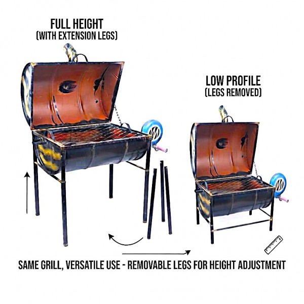 Upcycled Steel Drum Charcoal BBQ Grill 88 × 42 cm with 55 × 38 cm Cooking Grate, 105 cm Adjustable Height, Manual Side Air Blower, Hinged Lid, Chimney Vent, Heavy Duty Outdoor Grill for Garden Patio Camping