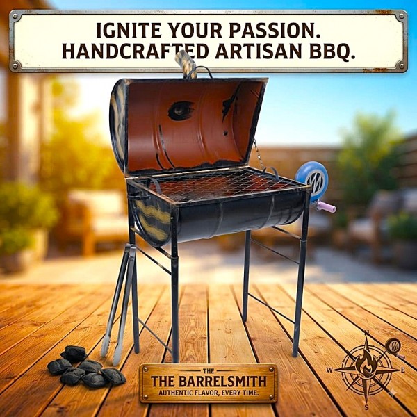 Upcycled Steel Drum Charcoal BBQ Grill 88 × 42 cm with 55 × 38 cm Cooking Grate, 105 cm Adjustable Height, Manual Side Air Blower, Hinged Lid, Chimney Vent, Heavy Duty Outdoor Grill for Garden Patio Camping