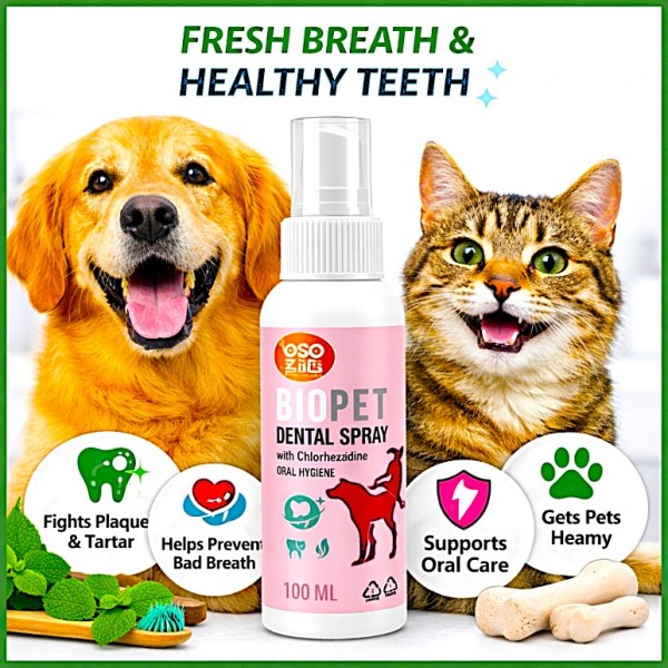 BIOPET Dental Spray for Dogs & Cats with Chlorhexidine Digluconate – Pet Oral Hygiene Spray for Fresh Breath, Plaque & Tartar Removal, Gum Care & Antibacterial Dental Treatment (100ML)