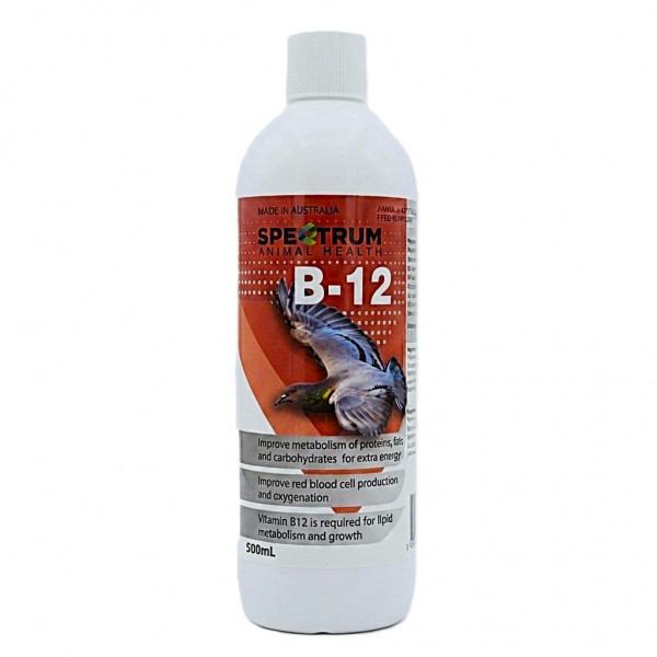 Spectrum Animal Health Vitamin B-12 Liquid Feed Supplement for Birds, Pigeons & Falcons – Energy, Endurance & Blood Support Formula | Cyanocobalamin (B12) 105 mcg | Australian-Made | 500mL Spectrum Animal Health Vitamin B-12 Liquid Feed Supplement for Birds, Pigeons & Falcons – Energy, Endurance & Blood Support Formula | Cyanocobalamin (B12) 105 mcg | Australian-Made | 500mL