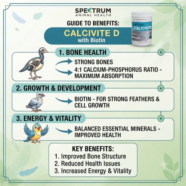 Spectrum Animal Health Calcivite D with Biotin 450g – Calcium, Phosphorus & Vitamin D3 Supplement for Pigeons, Falcons & Birds – Bone Strength, Growth Support, Mineral Balance & Bird Health Supplement