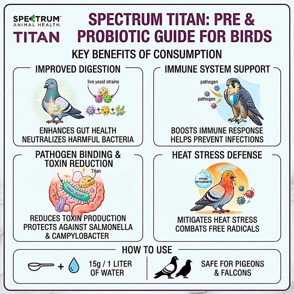 Spectrum Animal Health Titan 450g | Premium Pre & Probiotic Supplement for Birds, Pigeons & Falcons | Gut Health Support, Immune System Booster, Heat Stress Protection & Digestive Support