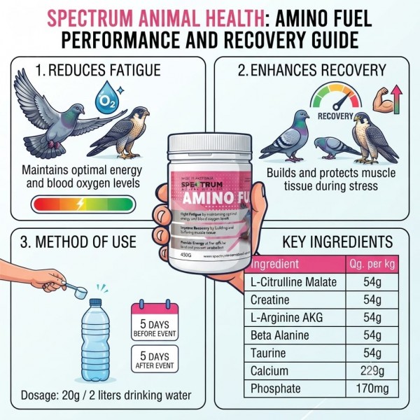 Spectrum Animal Health Amino Fuel for Pigeons & Falcons 450g | High-Performance Amino Acid Supplement | Supports Stamina, Muscle Recovery, Energy & Endurance | Australian Made