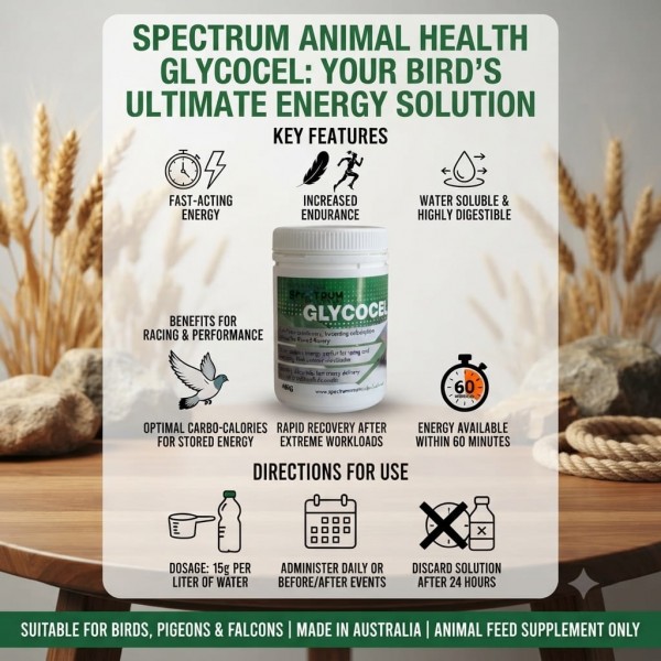 Spectrum Animal Health Glycocel 450g | Water Soluble Energy Supplement for Racing Pigeons & Falcons | Fast Carbohydrate Recovery Formula for Bird Training, Racing & Endurance