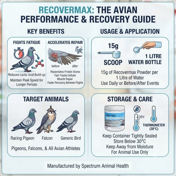 Spectrum Animal Health Recovermax 450g | Advanced Muscle Recovery Supplement for Pigeons, Falcons & Birds | Amino Acid & Vitamin Formula for Faster Recovery, Reduced Fatigue & Performance Support