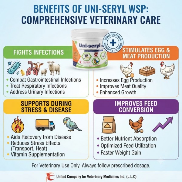 Uni-Seryl WSP Broad Spectrum Veterinary Antibiotic & Vitamin Powder 100g | Poultry, Pigeon, Parrot, Calves, Sheep & Goat Infection Support | Erythromycin, Streptomycin & Oxytetracycline Supplement