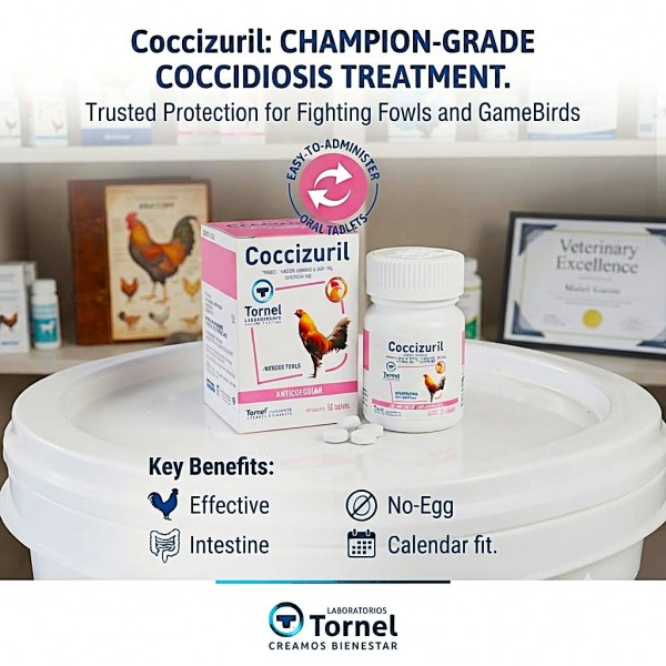 Coccizuril 20 mg Toltrazuril Anticoccidial Tablets for Fighting Fowls and Game Birds Coccidiosis Treatment 50 Tablets Bottle Veterinary Use