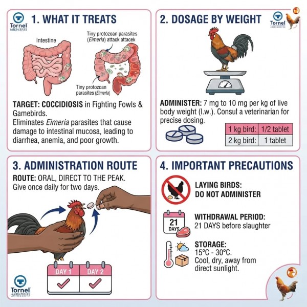 Coccizuril 20 mg Toltrazuril Anticoccidial Tablets for Fighting Fowls and Game Birds Coccidiosis Treatment 50 Tablets Bottle Veterinary Use