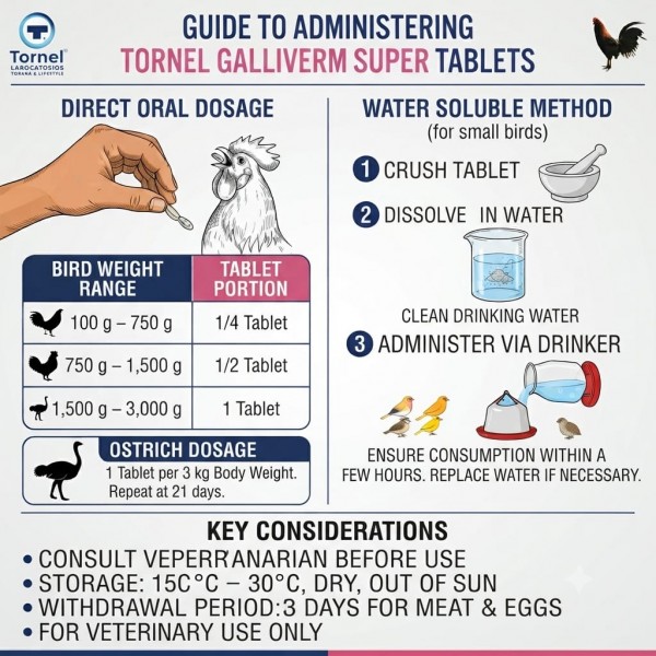 Tornel Galliverm Super Parasiticide Tablets 100 Count | Broad Spectrum Dewormer with Fenbendazole & Albendazole for Poultry, Gamefowl, Pigeons, Ostriches, Quails & Cage Birds