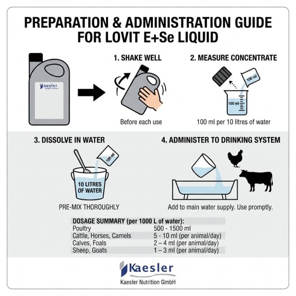Kaesler Nutrition LOVIT E+Se LIQUID 1 Litre | Vitamin E & Selenium Liquid Supplement Premix for Poultry, Cattle, Horses, Camels, Sheep & Goats | Immune Support, Stress Management, Muscle & Reproductive Health