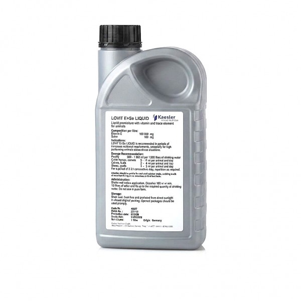 Kaesler Nutrition LOVIT E+Se LIQUID 1 Litre | Vitamin E & Selenium Liquid Supplement Premix for Poultry, Cattle, Horses, Camels, Sheep & Goats | Immune Support, Stress Management, Muscle & Reproductive Health